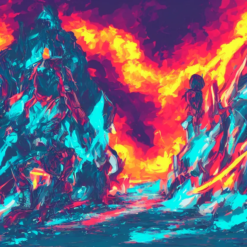 Prompt: explosions of ice and fire, retrowave epic art, trending on art station