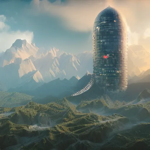 Image similar to Hyper realistic innovation city, perfectly detailed mountain on which stands the tower of the future , fantastically beautiful particles of magic around the tower , delightful clouds, stunningly detailed light, In arcane style, octane render - W 1024