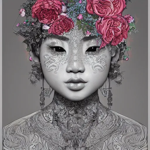 Prompt: the anatomy of a head of lettuce with roses that resemble a beautiful asian woman, an ultrafine detailed painting by james jean, intricate linework, bright colors, final fantasy, behance contest winner, vanitas, angular, altermodern, unreal engine 5 highly rendered, global illumination, radiant light, detailed and intricate environment