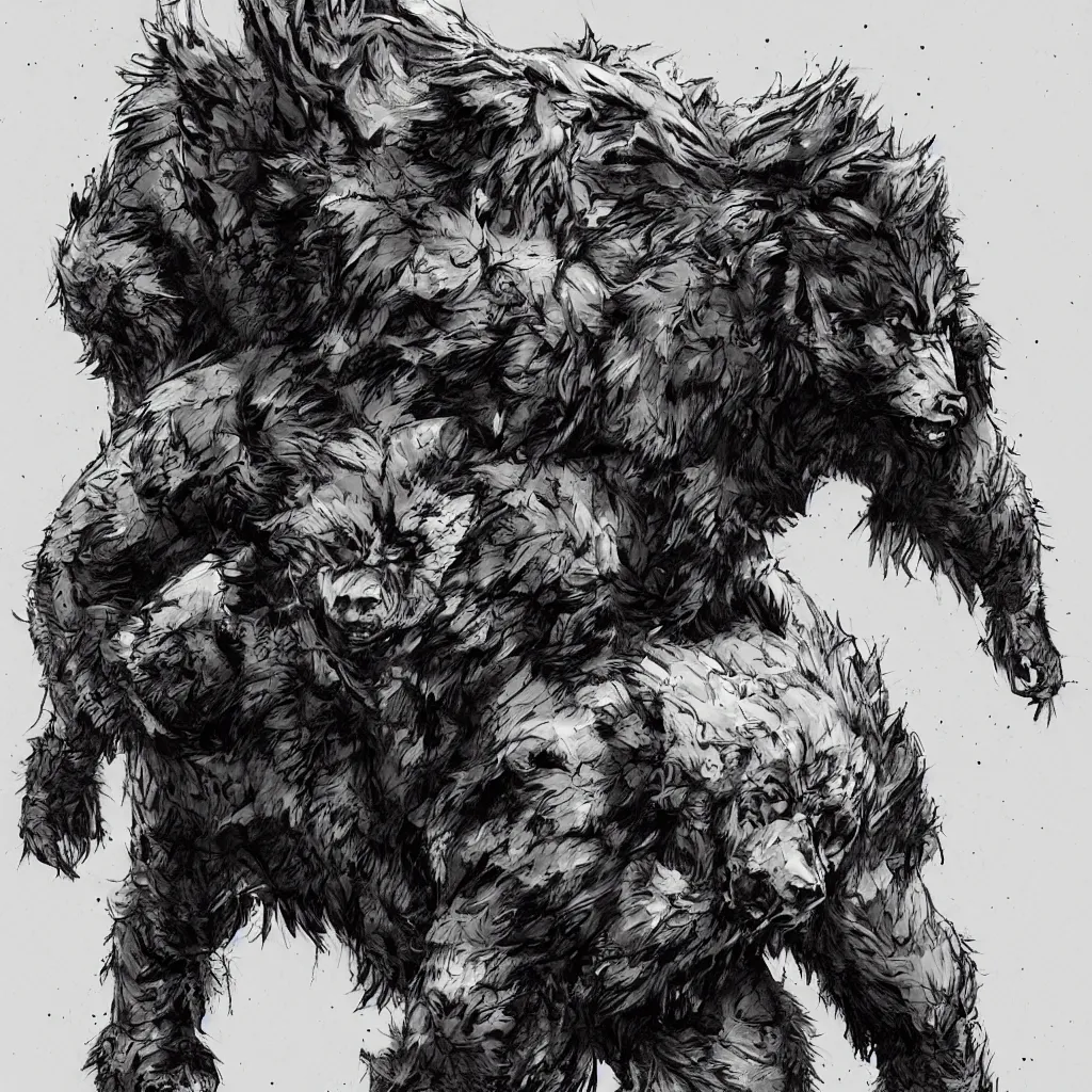 Image similar to large werebear in an alley, in the style of yoji shinkawa