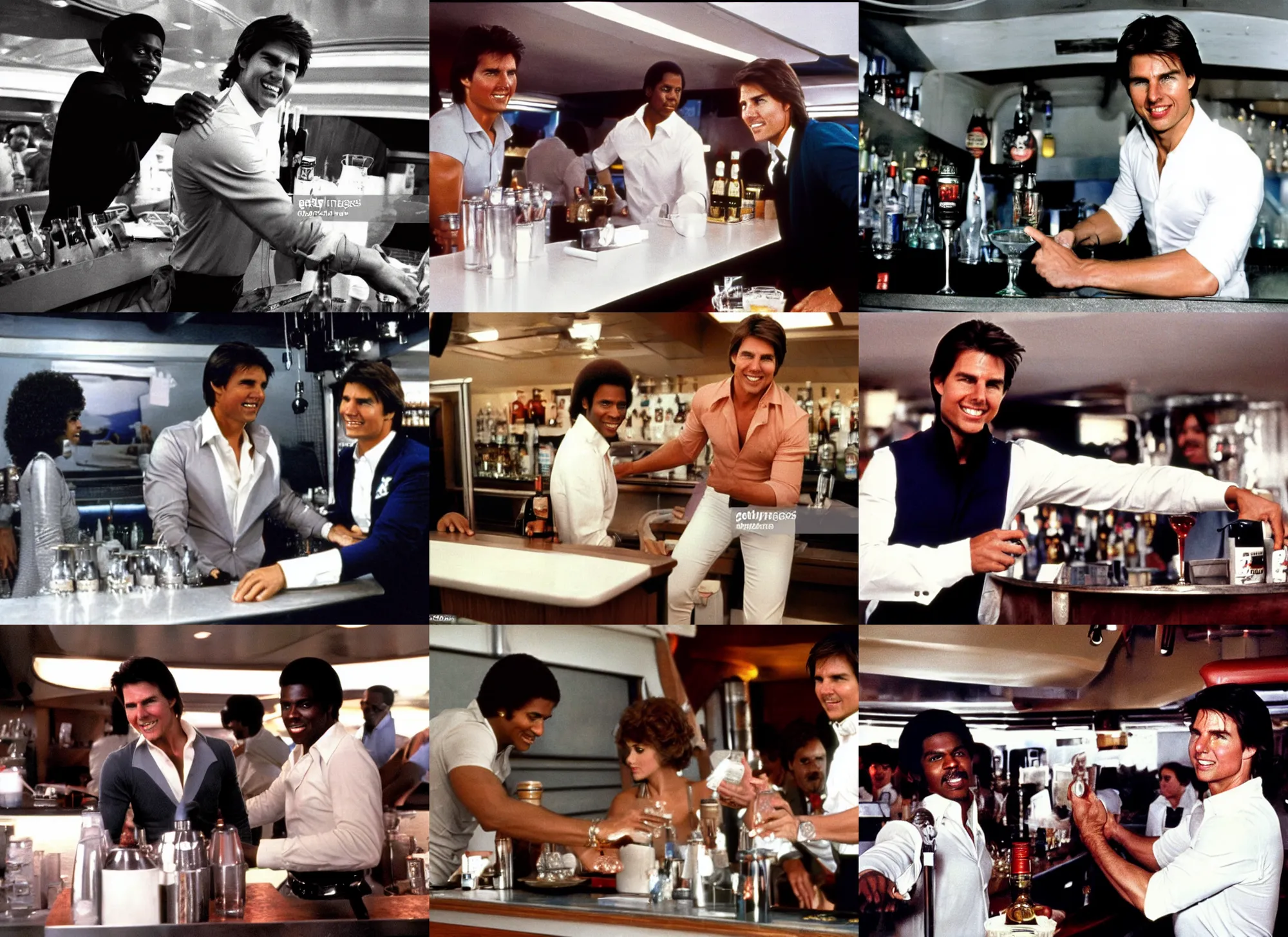 Prompt: tom cruise as bartender isaac washington working on the love boat, 1 9 8 0