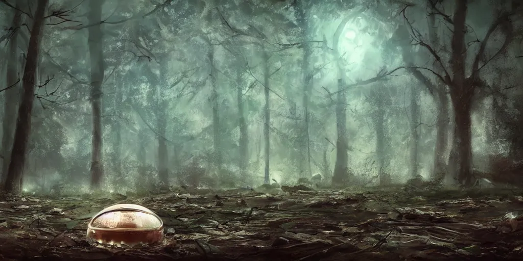 Prompt: abandoned crashed ufo in the forest, night, concept art, art station landscape, cinematic lighting hyper realistic painting, dark atmosphere