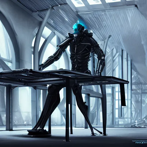 Image similar to !dream fantasy cyborg human hybrid giant sitting at a table inside the depths of futuristic citadel, amazing 8k character concept art, conservatory biolab, fineline detail, cinematic quality, vray 8k render