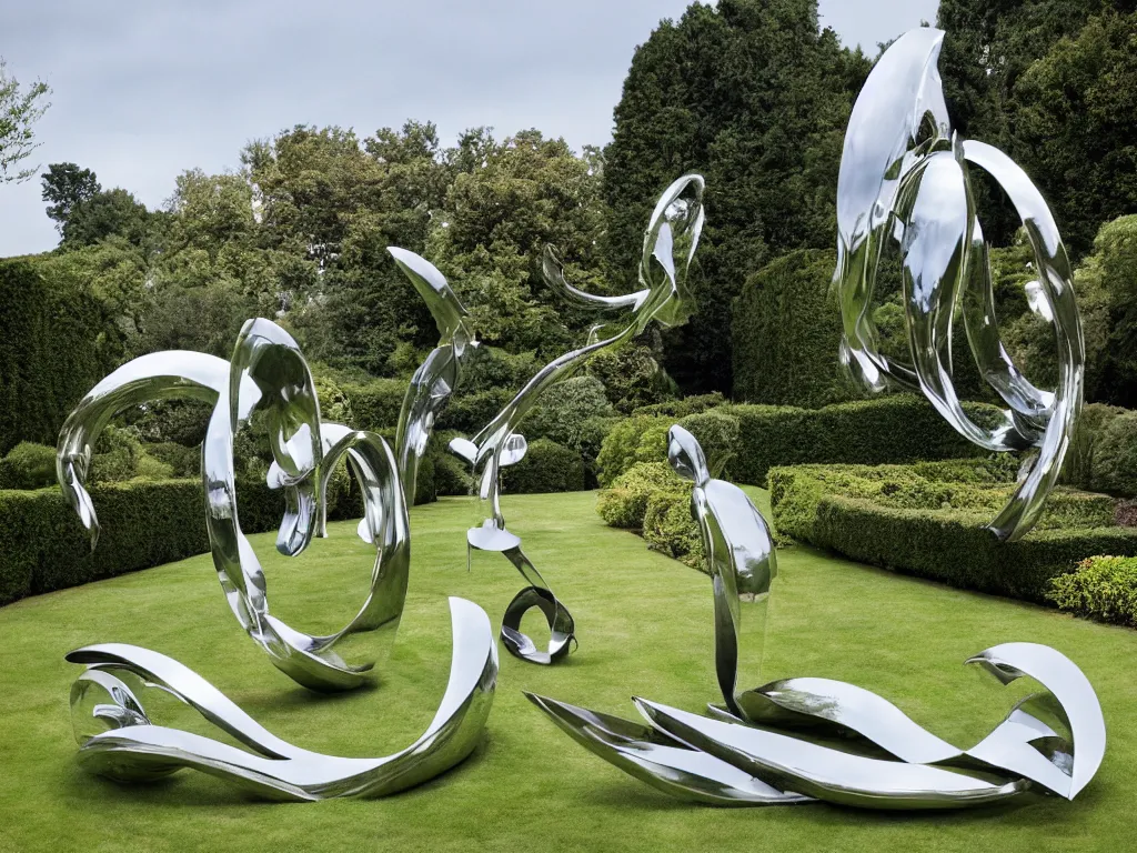 Prompt: giant Italian modern castle formal garden with a modern stainless steel organic shaped modern sculptures with mirror finish by Tony Cragg, photo by Annie Leibovitz