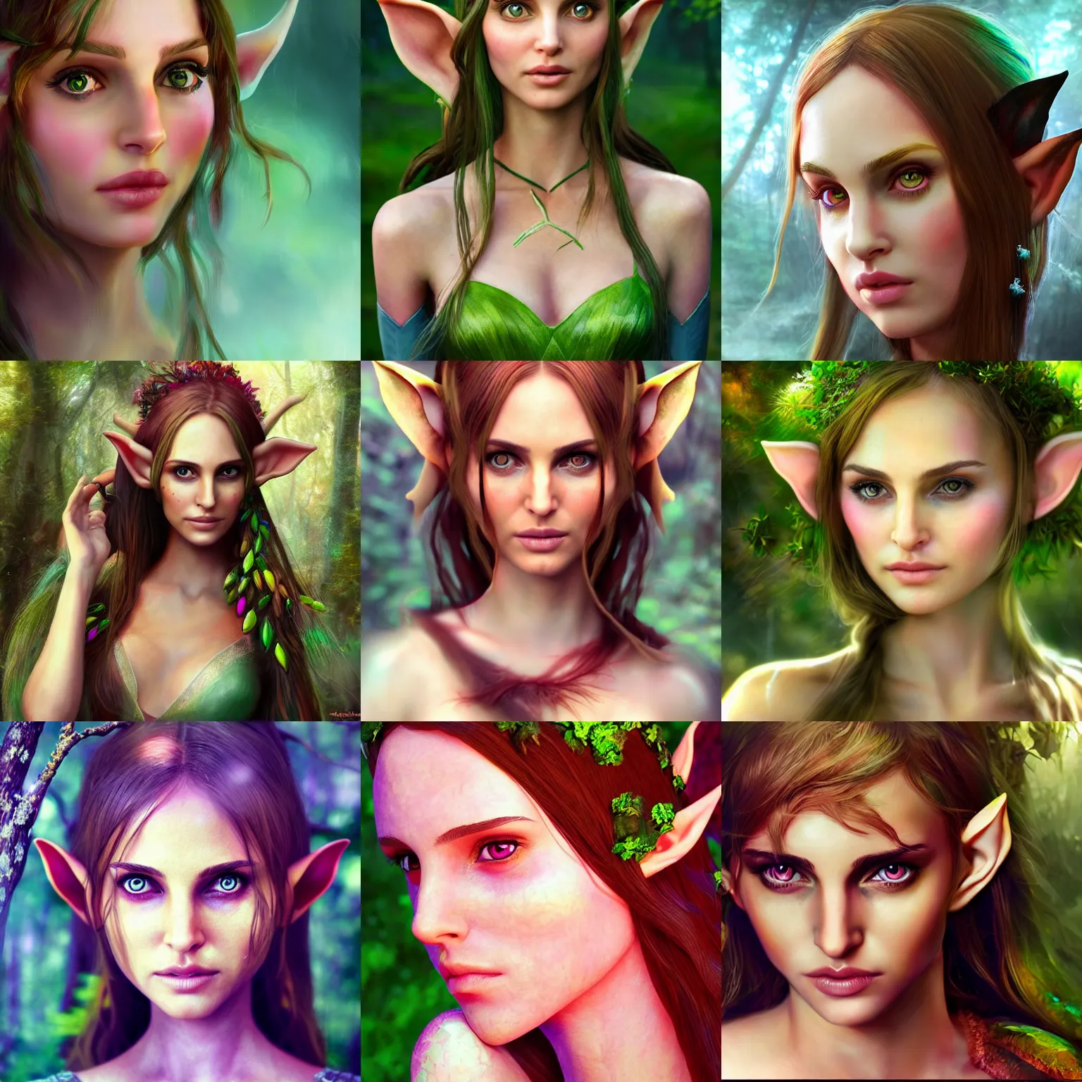 Prompt: forest elf girl (cosplayer: Natalie Portman), ethereal, colorful, portrait, fantasy, artstation, 4k, photorealism