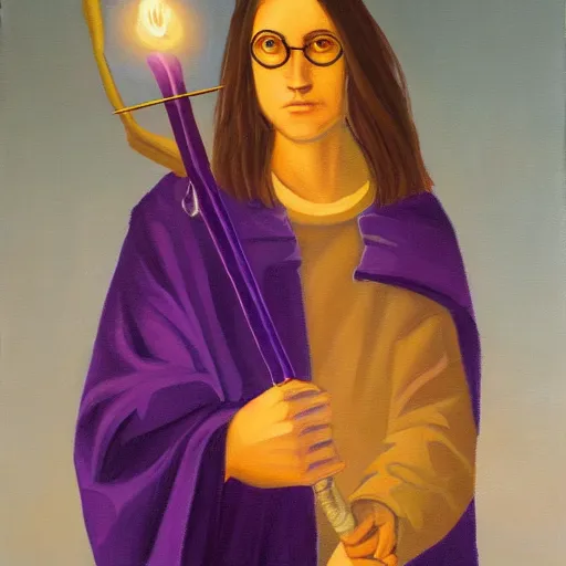 Prompt: A young adult wizard in dark purple robes with gold accents, wearing magic eyeglasses and carrying a magical staff, oil on canvas