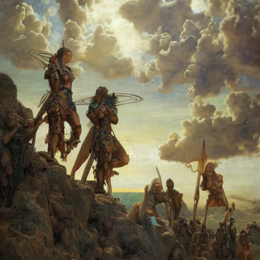 Prompt: disasterpiece Peloponnese war Gods watching above, by Edgar Maxence and Ross Tran and Michael Whelan and baroque gothic medieval oil painting, intricate line drawings, by Edgar Maxence and Ross Tran and Michael Whelan, 4k resolution