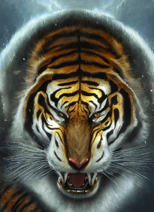 Image similar to cyber tiger downtown cn tower mf doom tiger eyes, wet metal fur. intricate, elegant, highly detailed, centered, digital painting, artstation, concept art, smooth, sharp focus, illustration, artgerm, tomasz alen kopera, peter mohrbacher, donato giancola, joseph christian leyendecker, wlop, frank frazetta