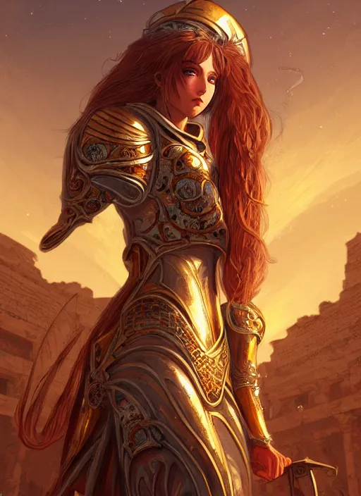 Image similar to portrait knights of zodiac girl, golden and copper shining armor, in ruined agora of athens sunrise, ssci - fi and fantasy, intricate and very very beautiful and elegant, highly detailed, digital painting, artstation, concept art, smooth and sharp focus, illustration, art by ilya kuvshinov and tian zi and wlop and z - - ed