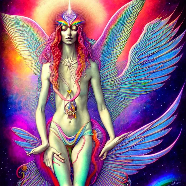 Prompt: psychedelic angelic celestial being by moebius, and peter mohrbacher, ayahuasca, sacred geometry, esoteric art, rainbow colors, nature spirits gaia
