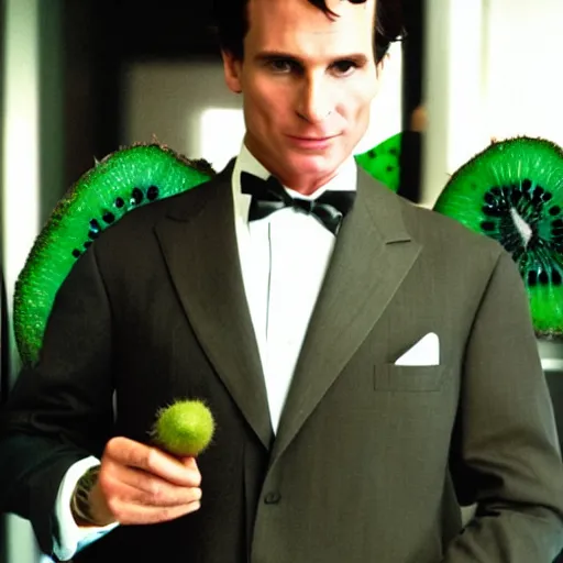 Image similar to Patrick Bateman in a suit with a kiwi.com logo