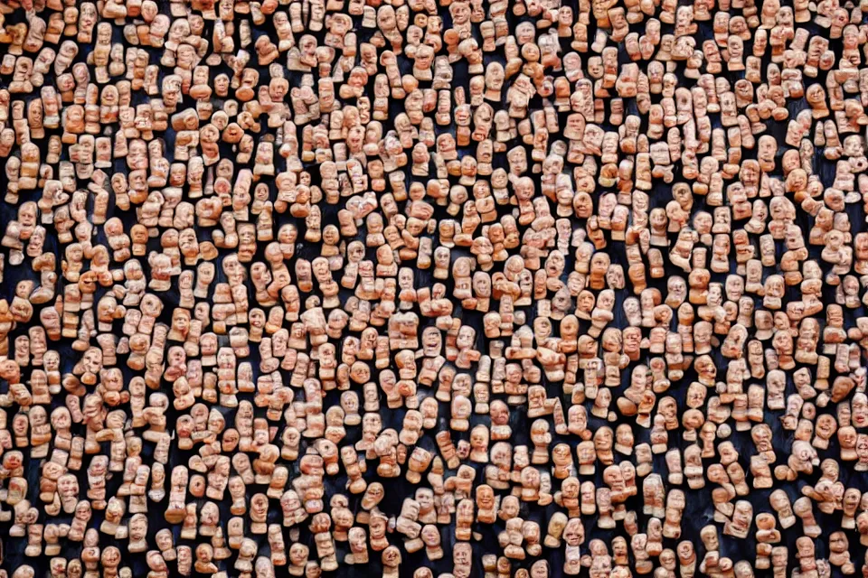 Prompt: a wall covered in hundreds of photos of people holding hotdogs