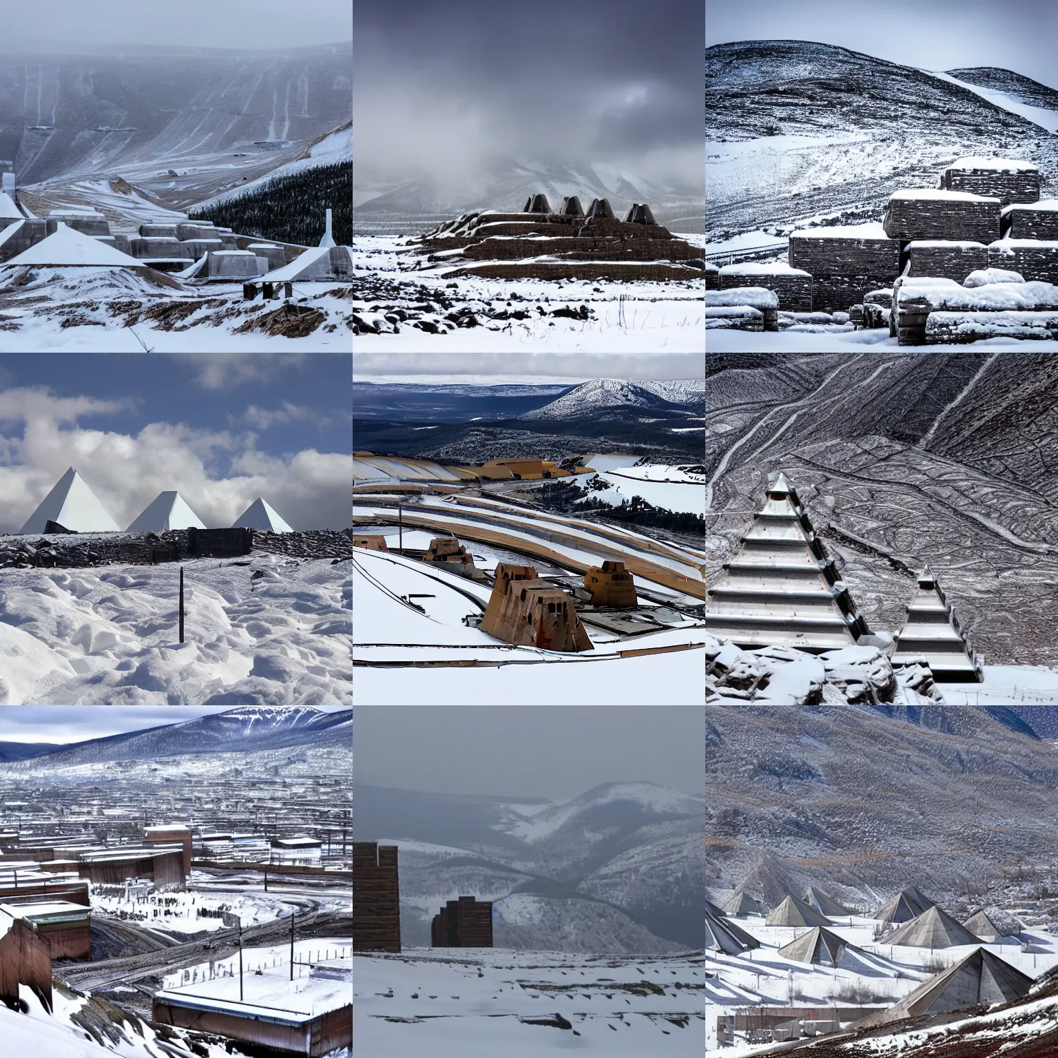 Prompt: the industrial metal pyramids in the snowy mountains