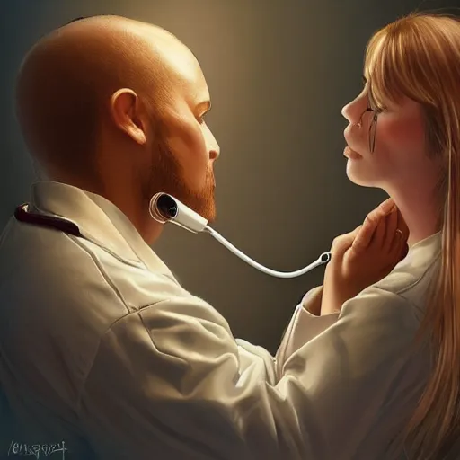 Prompt: doctor checking eyes of a beautiful woman, stethoscope scope around neck, sci fi artstation, digital art, highly detailed, intricate