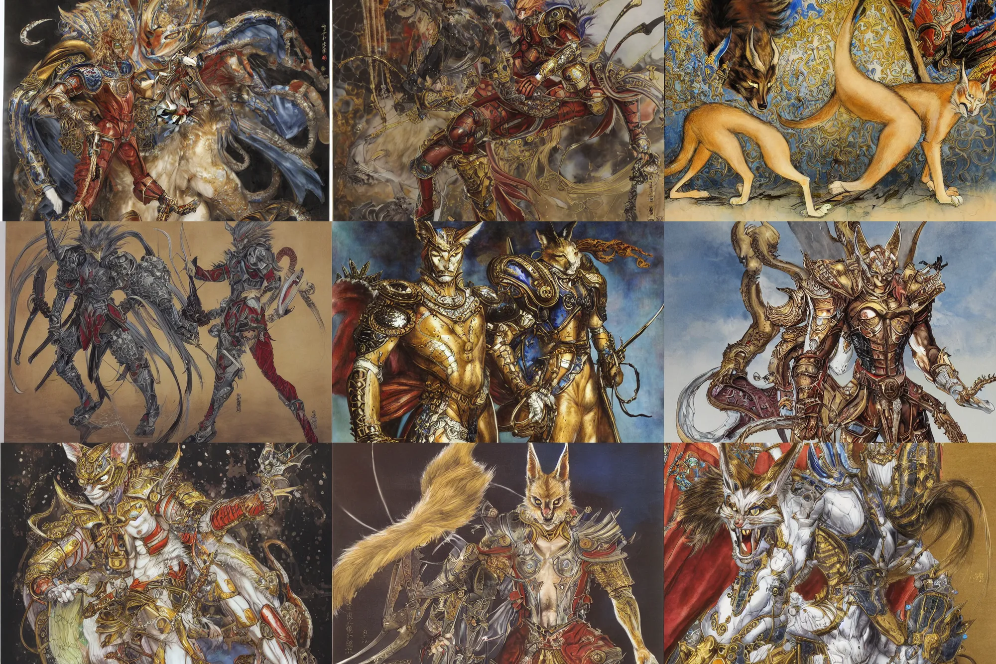 Image similar to 8k Yoshitaka Amano painting of upper body of a young cool looking slim caracal beast-man with white mane at a royal palace. He is wearing complex fantasy armors. Renaissance style.