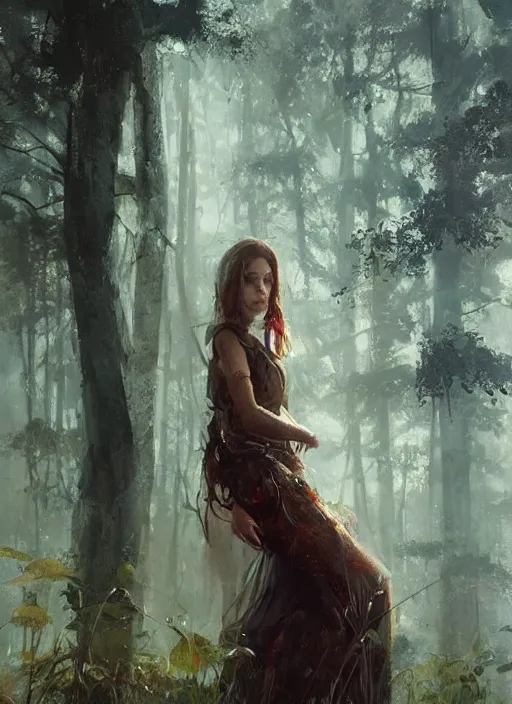Image similar to female seductive queen of nature girl, beautiful face, rule of thirds, intricate outfit, backlit, by greg rutkowski, by jeremy mann, digital painting