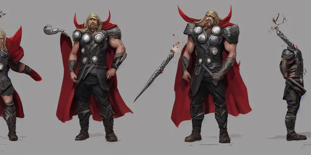 Image similar to cartoonish thor paying the rent, character sheet, fine details, concept design, contrast, kim jung gi, greg rutkowski, trending on artstation, 8 k, full body, turnaround, front view, back view, ultra wide angle