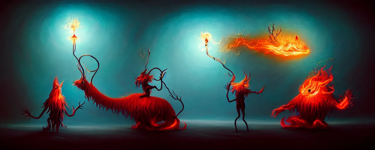 Image similar to whimsical fiery alchemical creatures, surreal dark uncanny painting by ronny khalil