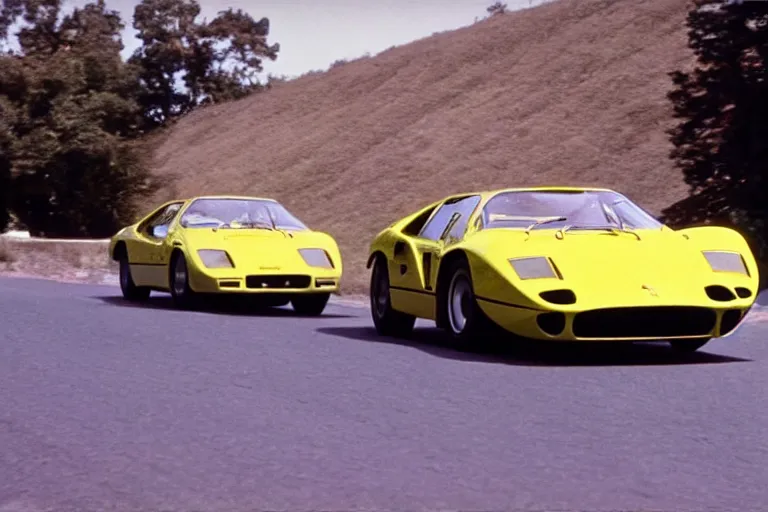 Prompt: vintage archival race footage of a single 1965 Ferrari F40, with elements of the De Tomaso Pantera, Lotus, GT40, BMW M1, and Countach, movie still, speed, cinematic Panavision 5384 film