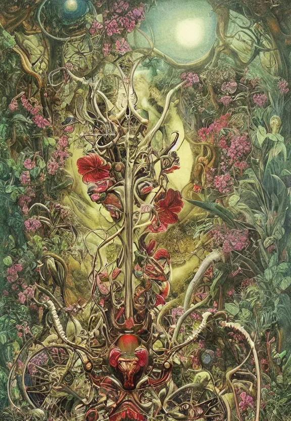 Image similar to simplicity, simple, elegant, colorful muscular robot, botany, orchids, radiating, mandala, psychedelic, garden environment, dappled sun, wolf skulls, by h. r. giger and esao andrews and maria sibylla merian eugene delacroix, gustave dore, thomas moran, pop art, biomechanical xenomorph, art nouveau