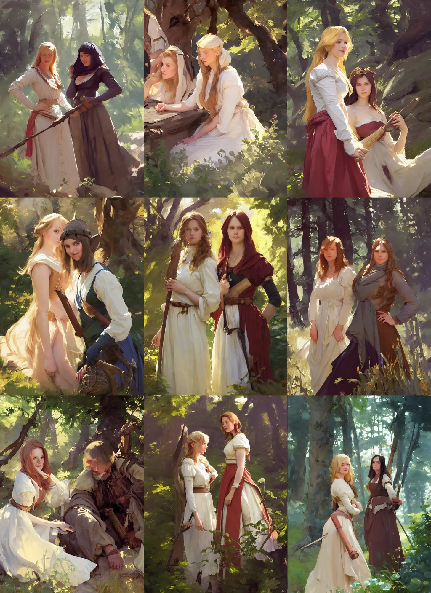 Prompt: portrait of two beautiful medieval village finnish norwegian swedish attractive maidens in the woods in a sunny day, jodhpurs greg manchess painting by sargent and leyendecker, studio ghibli fantasy close - up shot asymmetrical intricate elegant matte painting illustration hearthstone, by greg rutkowski by greg tocchini by james gilleard