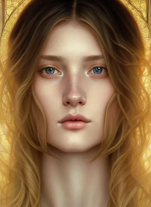 Image similar to beautiful symmetrical face, portrait of young woman blessed with ever - increasing physical and mental perfection, realism, blonde hair, perfect face!! intricate, elegant, highly detailed, vision of holy perfection!! digital painting, artstation, concept art, smooth, sharp focus, illustration, humanity, art by artgerm and greg rutkowski and alphonse mucha