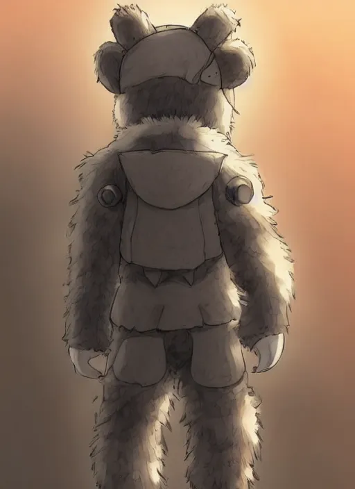 Image similar to beautiful little boy wearing an cyborg bear suit, artwork in kentaro miura and made in abyss and rosdraws, smooth, beautiful lightness, anatomically correct, trending on pixiv, forest