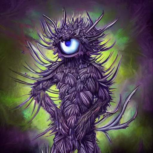 Prompt: A humanoid thistle monster, highly detailed, digital art, sharp focus, trending on art station, plant, dandelion, anime art style