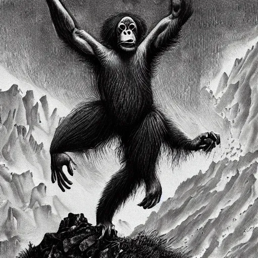 Prompt: orangutan descending from heaven, in the style of deathspell omega's fas album cover, illustration, detailed