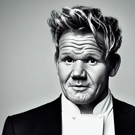 Prompt: gorgeous gordon ramsay, full body shot, torn white chef outfit, evil smile, spooky, illustration, symmetrical face realistic symmetrical eyes, bedroom setting, cinematic lighting, evil
