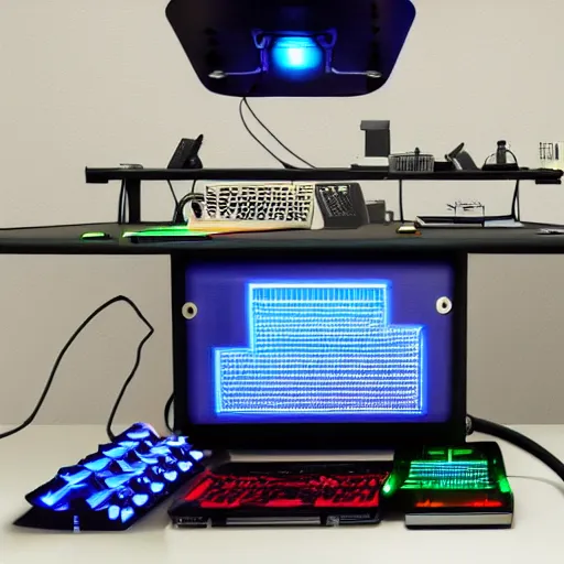 Image similar to a cyberpunk desk computer that runs on biotechnology, mechanical clock, fallout 5, studio lighting, deep colors