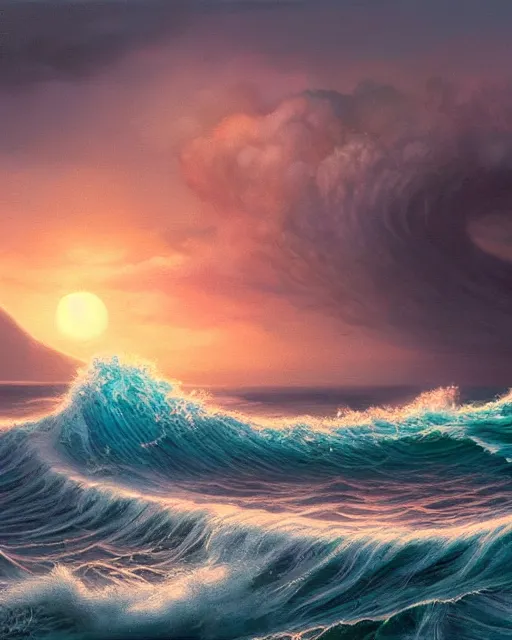 Image similar to big tsunami, shore, sunset, hyper realistic, artstation, illustration, nicoletta ceccoli, mark ryden, lostfish, dan decarlo, bob clampett, max fleischer, digital paint, matte paint, vivid colors, detailed and intricate environment