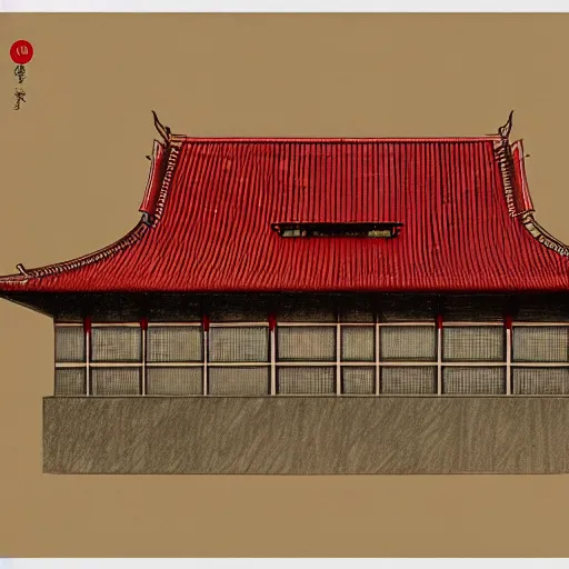 Prompt: a drawing of a building with a red roof, a digital rendering by Ma Yuan, behance contest winner, sōsaku hanga, constructivism, matte drawing, redshift