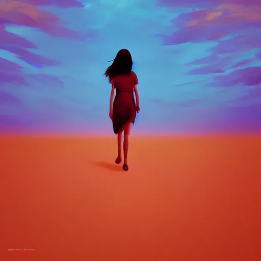 Prompt: closeup large dahlia flower under head, a girl walking between dunes, surreal photography, sunrise, blue sky, dramatic light, impressionist painting, digital painting, artstation, simon stalenhag