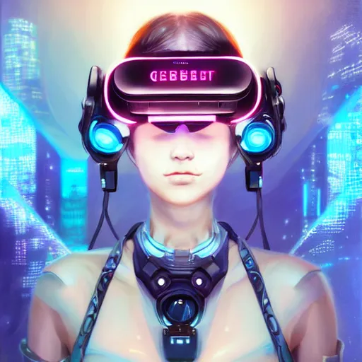 Image similar to portrait of a beautiful cybernetic raver girl wearing a oculus rift headset in a futuristic japanese penthouse, cyberpunk concept art by pete mohrbacher and artgerm and wlop and greg rutkowski, digital art, highly detailed, intricate, sci-fi, neon colors, sharp focus, Trending on Artstation HQ, deviantart, unreal engine 5, 4K UHD image