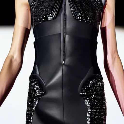 Prompt: close up of a fashion model with black Thierry Mugler dress in circuit style, official Thierry Mugler editorial, fall-winter 2015-2016, highly detailed