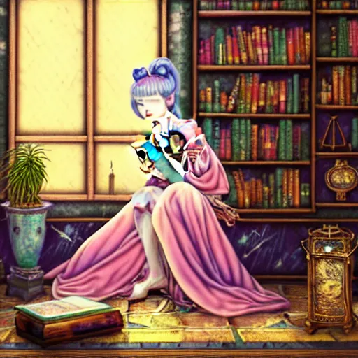 Image similar to a detailed fantasy pastel portrait of a woman wizard in ornate clothing lounging on a purpur pillow on the marble floor in front of her bookcase in a room, reading an ancient tome. to the side is a potted plant, moody light. ancient retrofuturistic setting. 4 k key art. raytracing, perspective, by chie yoshii and yoshitaka amano.