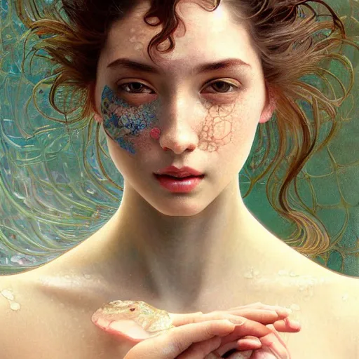 Prompt: an intricate beautifull oil painting of a beautifull woman, bumpy mottled skin, in a hiper detailed ink in water, fluid acrilic art, by yoshitaka amano, by greg rutkowski, by alphonse mucha by jeremyg lipkinng, by artgerm, digital art, octane render