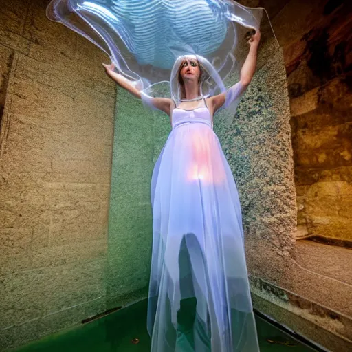 Prompt: photo by monia merlo, a woman wearing a giant inflated clear plastic dress containing an aquarium, backlit, 4 d, 4 k, volumetric lighting, photorealistic, light ray, hyperdetailed