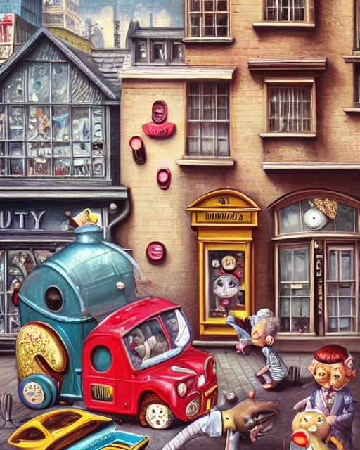 Image similar to highly detailed closeup, portrait of a tin toy london streets, hyper realistic, artstation, illustration, nicoletta ceccoli, mark ryden, lostfish, dan decarlo, bob clampett, max fleischer, digital paint, matte paint, vivid colors, detailed and intricate environment