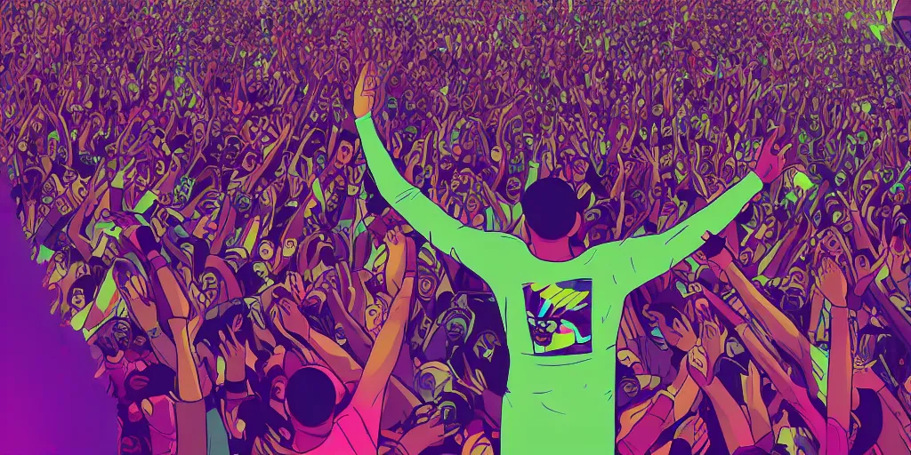 Prompt: rapper leaning over huge crowd reaching up to him, digital art, vapor wave, hip hop, colorful, trending on Artstation, professional artist, detailed, 4k