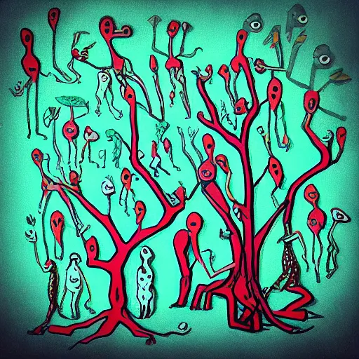Image similar to “painted tree creatures, dotart, album art in the style of James Jean”
