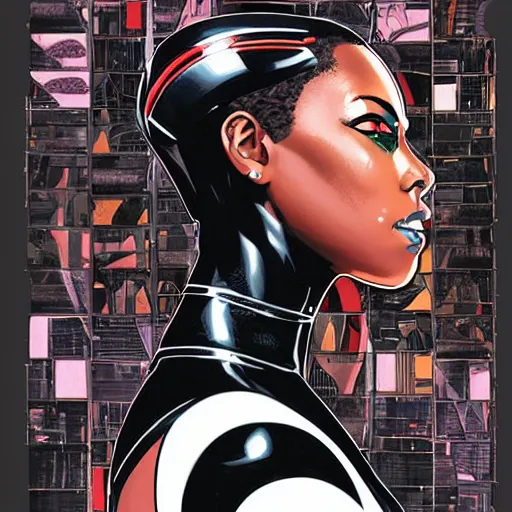 Prompt: portrait of a black female android, by MARVEL comics and Sandra Chevrier