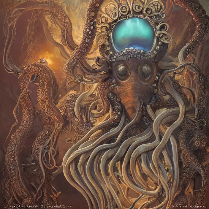 Prompt: beautiful and exotic octopus queen bust portrait, glowing big eyes, art nouveau declotage, perfect symmetrical facial features, hyperrealistic bone structure, desaturated, beautiful lighting, extremely hyperdetailed, mixed media painting, unreal engine, 8 k, octane, 8 mm, by travis charest, rodney matthews and chris achilleos