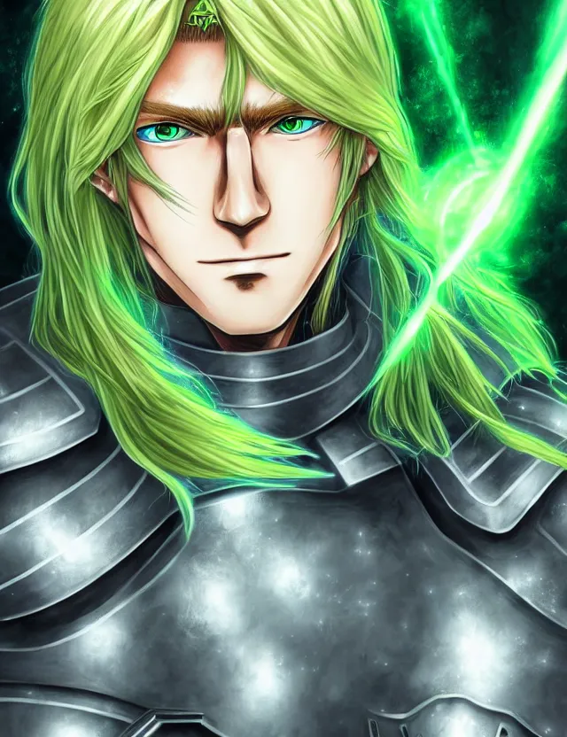 Image similar to a detailed manga portrait of a long haired blonde man with blue eyes in green armour glowing with green energy, trending on artstation, digital art, 4 k resolution, detailed, high quality, sharp focus, hq artwork, coherent, insane detail, character portrait