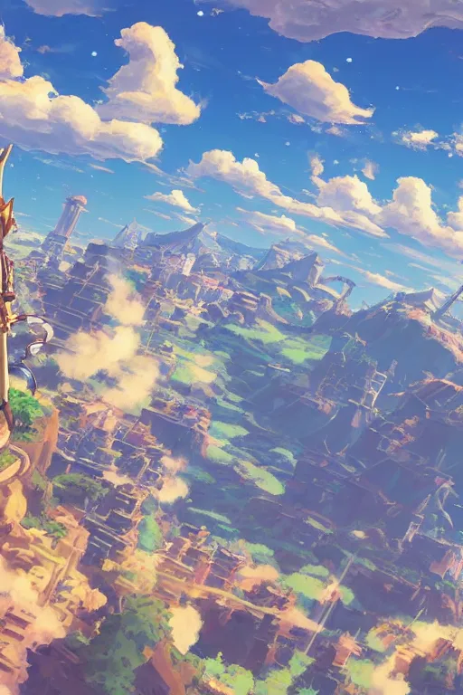 Image similar to skyline, Details, illustration , in the style of Studio ghibli, breath of the wild, myazaki, anime, clean render, denoise, rule of thirds