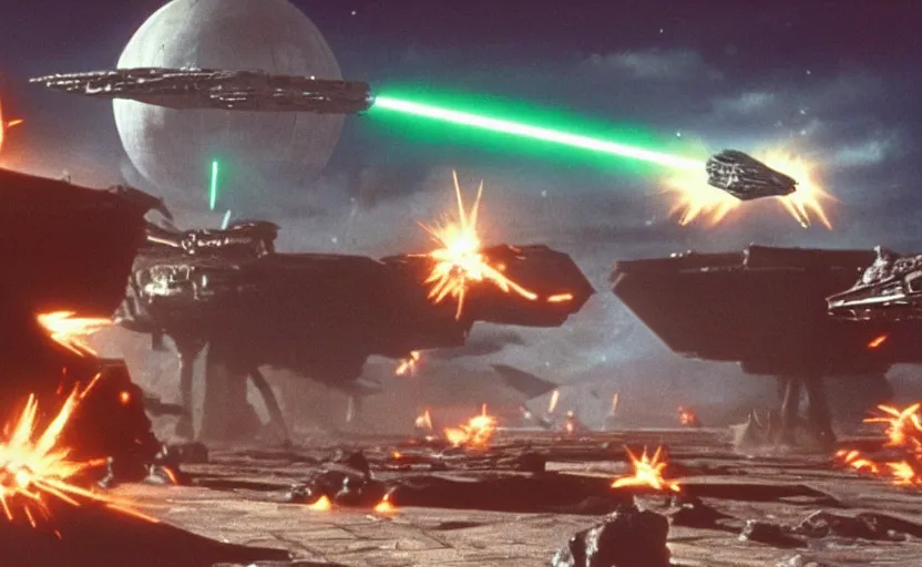 Image similar to iconic cinematic screenshot of imperial empire invasion on sith planet, from the action packed scene from the 8 0 s star wars sci fi film by stanley kubrick, glowing lasers, 4 k uhd, highly detailed scene, phot real, anamorphic lenses 2 4 mm, lens flare, award winning