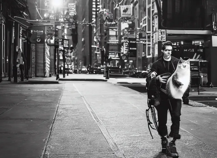 Image similar to photography of a Cat being carried in an half open backpack . in a new york street. award winning photo, led lighting, night, 130mm, sharp, high res