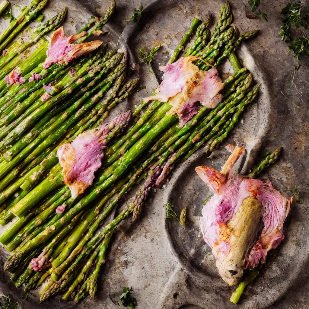 Image similar to roasted unicorn head served with green asparagus. 4 k food photography, image from bbc good food magazine