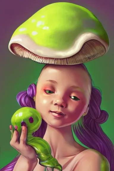 Prompt: a little girl wearing a mushroom hat in dress sitting on her bed with a slime in her lap | | purple hair with braids, pretty face, sharped details, digial art by jasper ejsing and lois van baarle, trending on pixiv, anatomically correct, perfect composition, symmetrical, fantastic, clean details